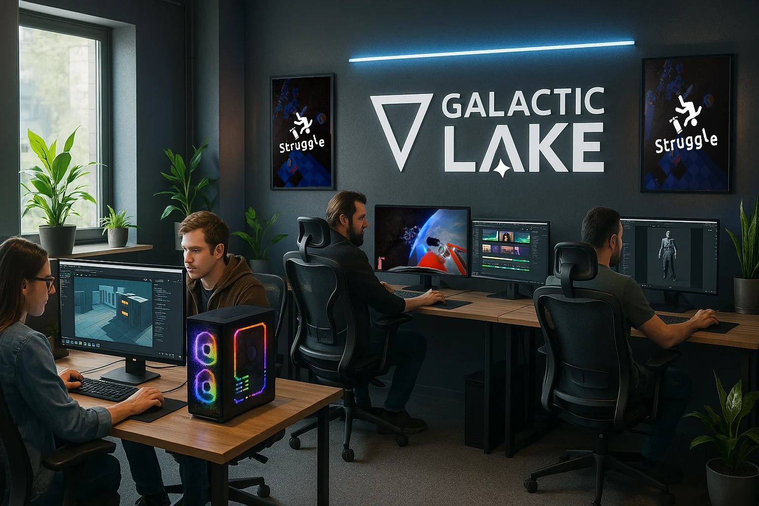 Galactic Lake studio workspace with game development screens