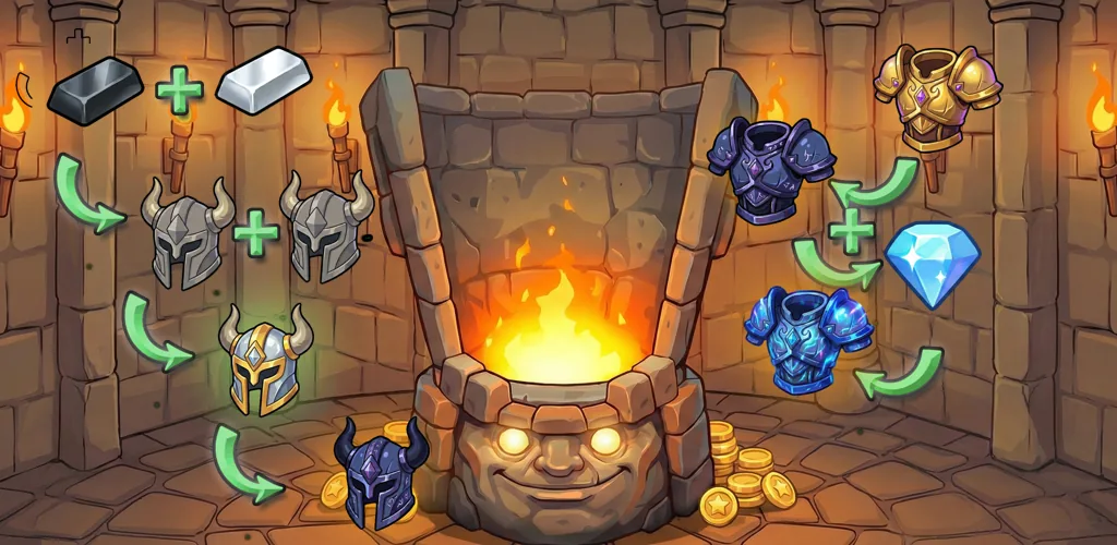 Tatara Forge artwork with fantasy forge items and armor upgrades